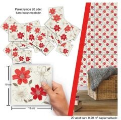 Kendinden Yapışkanlı KIRMIZI ÇİÇEK Dekoratif Mini Pvc Karo 203