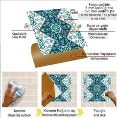 FAYANS ÜSTÜ PVC KAPLAMA 30 X 30 TURKUAZ ÇİÇEK DESENLİ - 356